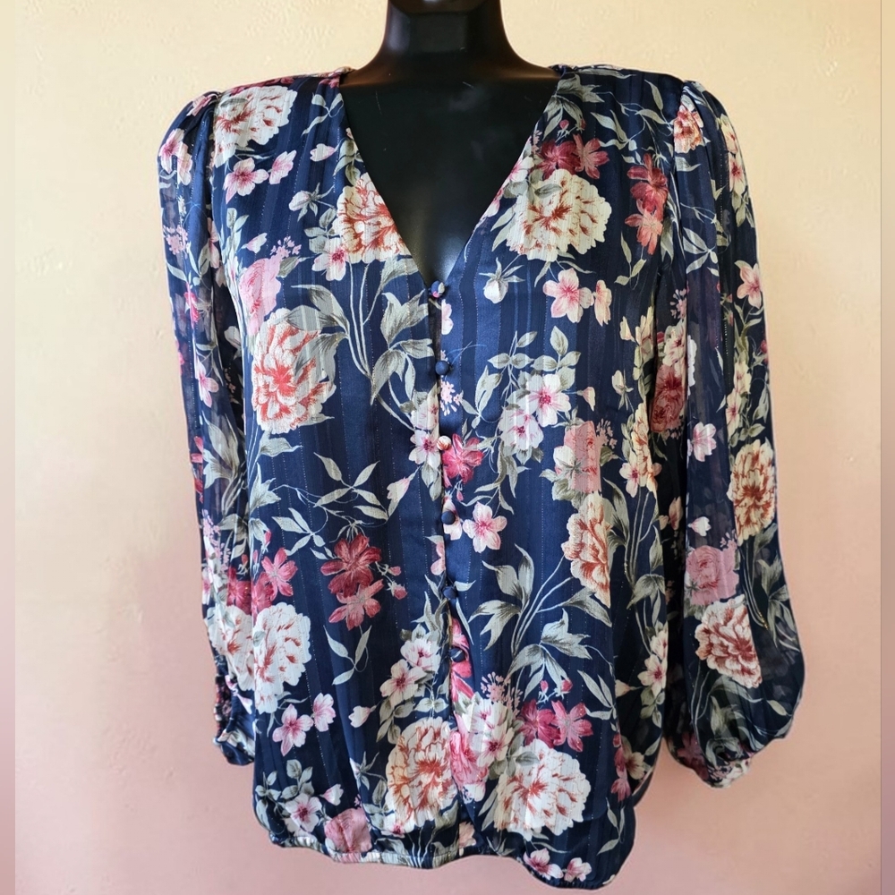 Tamara H Floral Metallic V-Neck Puffy Sleeve Blouse - Navy and Pink